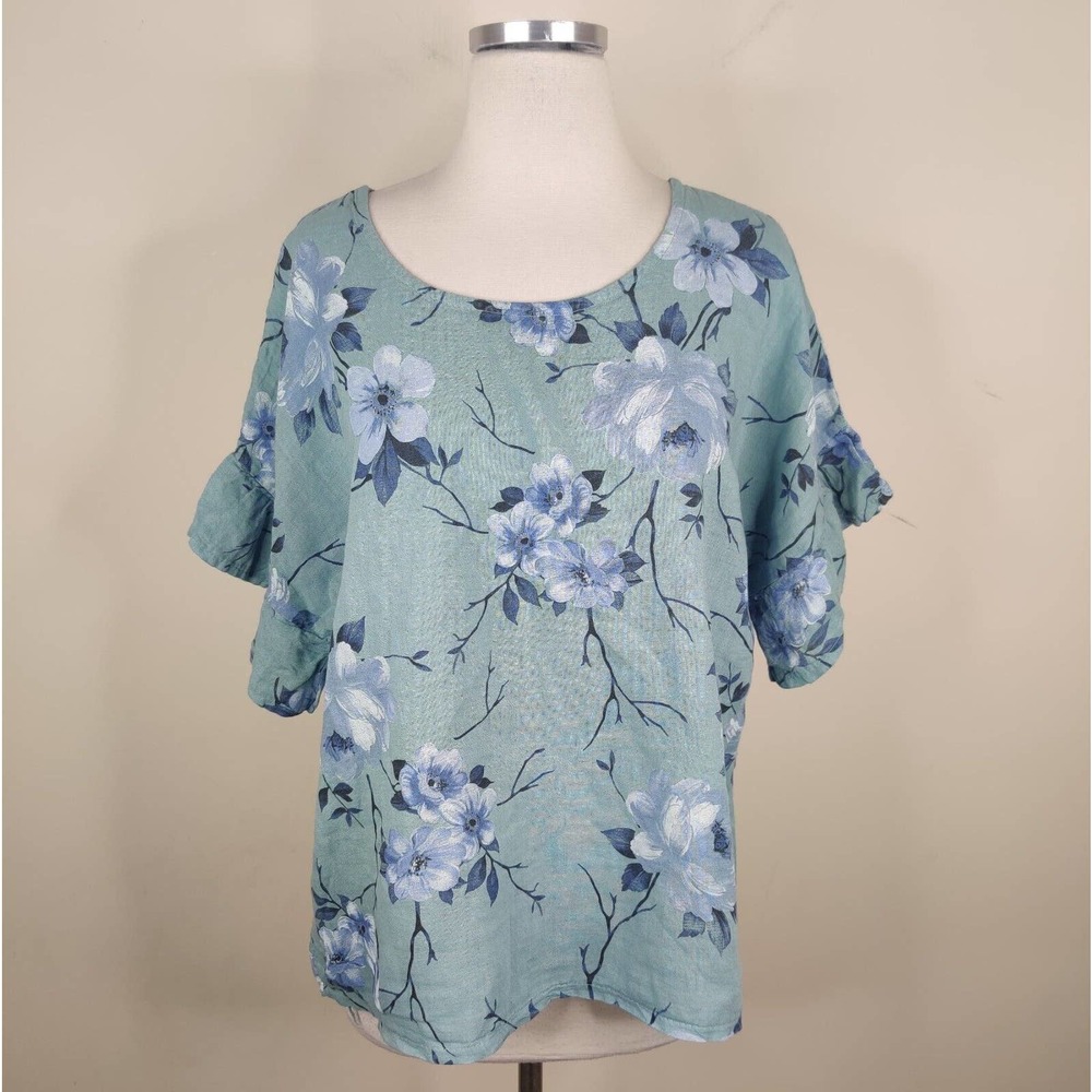 Floral Short-Sleeve Blouse in Seafoam Blue. Made In Italy